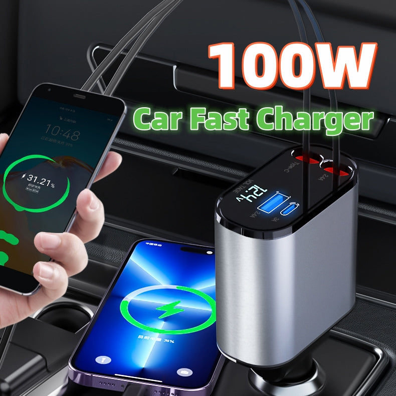 GadgetPik } Metal Car Charger 100W Super Fast Charging | USB And TYPE-C Adapter